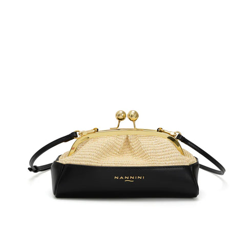 Τσαντάκι χιαστί ψάθα/δέρμα Junia-G Nannini 19440-1 μπεζ/μαύρο