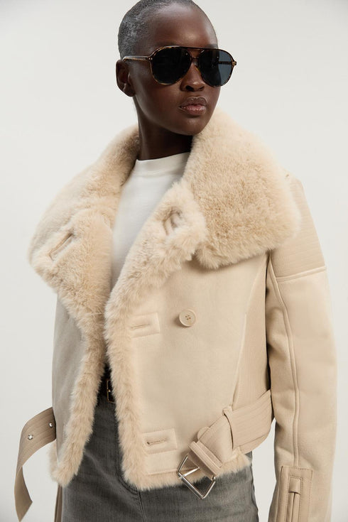 Τζάκετ crop biker Karen Millen BKK24185 εκρού