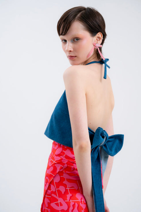 Τοπ denim με φιόγκο Klelia Andrali μπλε